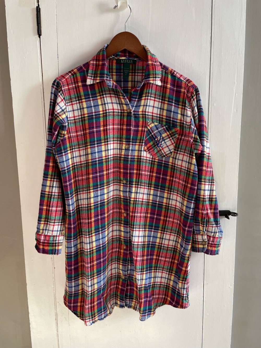 LAUREN Ralph Lauren 100% Cotton Plaid Flannel Sleep Shirt RLL Pocket Detail S